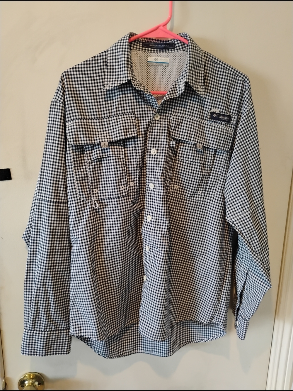 Columbia Navy and White Gingham PFG Super Bahama Fishing Shirt Size XS